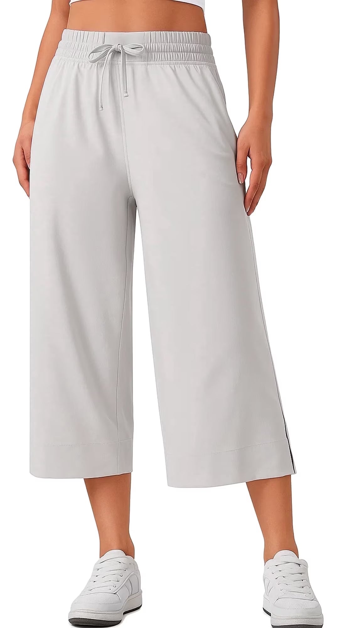 SOMER Linen Pants Women Wide Leg Cropped Capri Pants for Women with Drawstring High Waist Loose Fit Summer Beach Trousers with Pockets, Apricot
