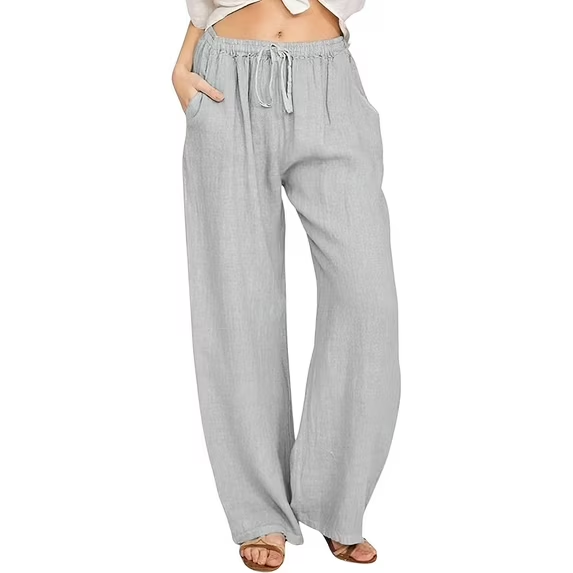 SOMER Pants for Women Flowy Casual Drawstring Waist Wide Leg Loose Cotton Linen Palazzo Pants with Pocket