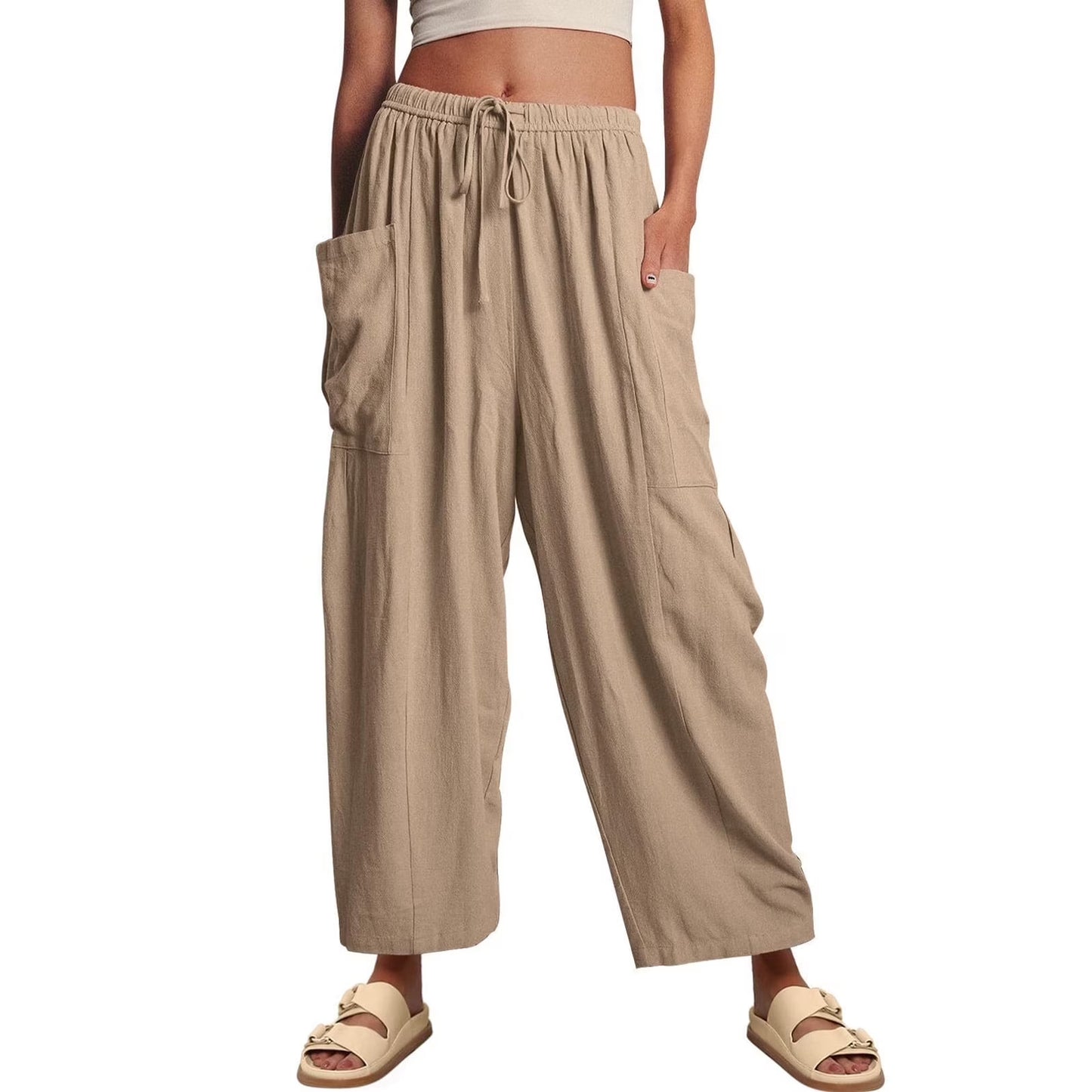 SOMER Womens Wid e Leg Pants Flowy Casual Drawstring Waist Wide Leg Loose Linen Palazzo Harem Pants with Pocket 2026