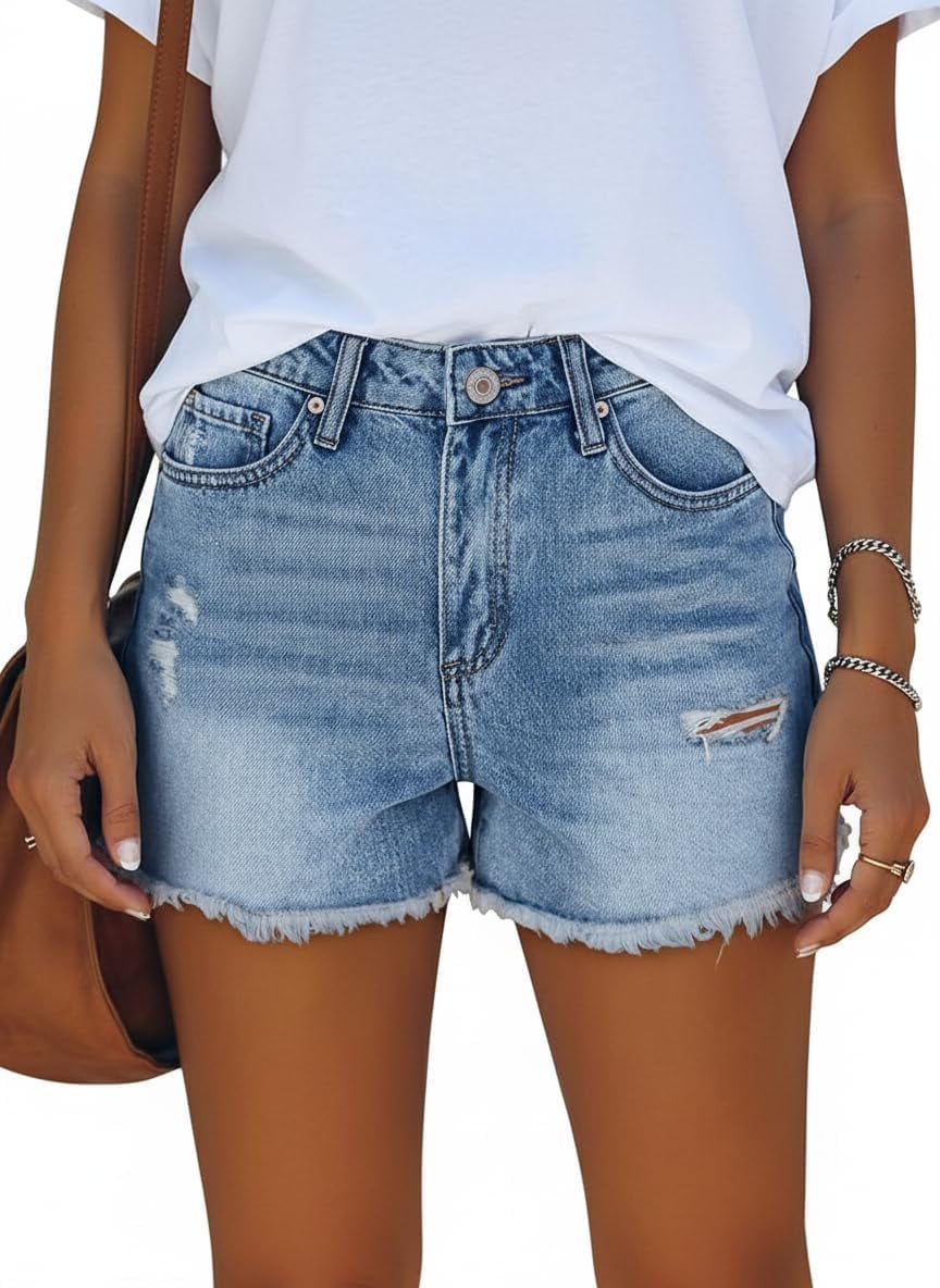 SOMER Women's Jean Shorts Mid Waisted Stretchy Ripped Denim Jean Casual Summer Shorts with Pockets