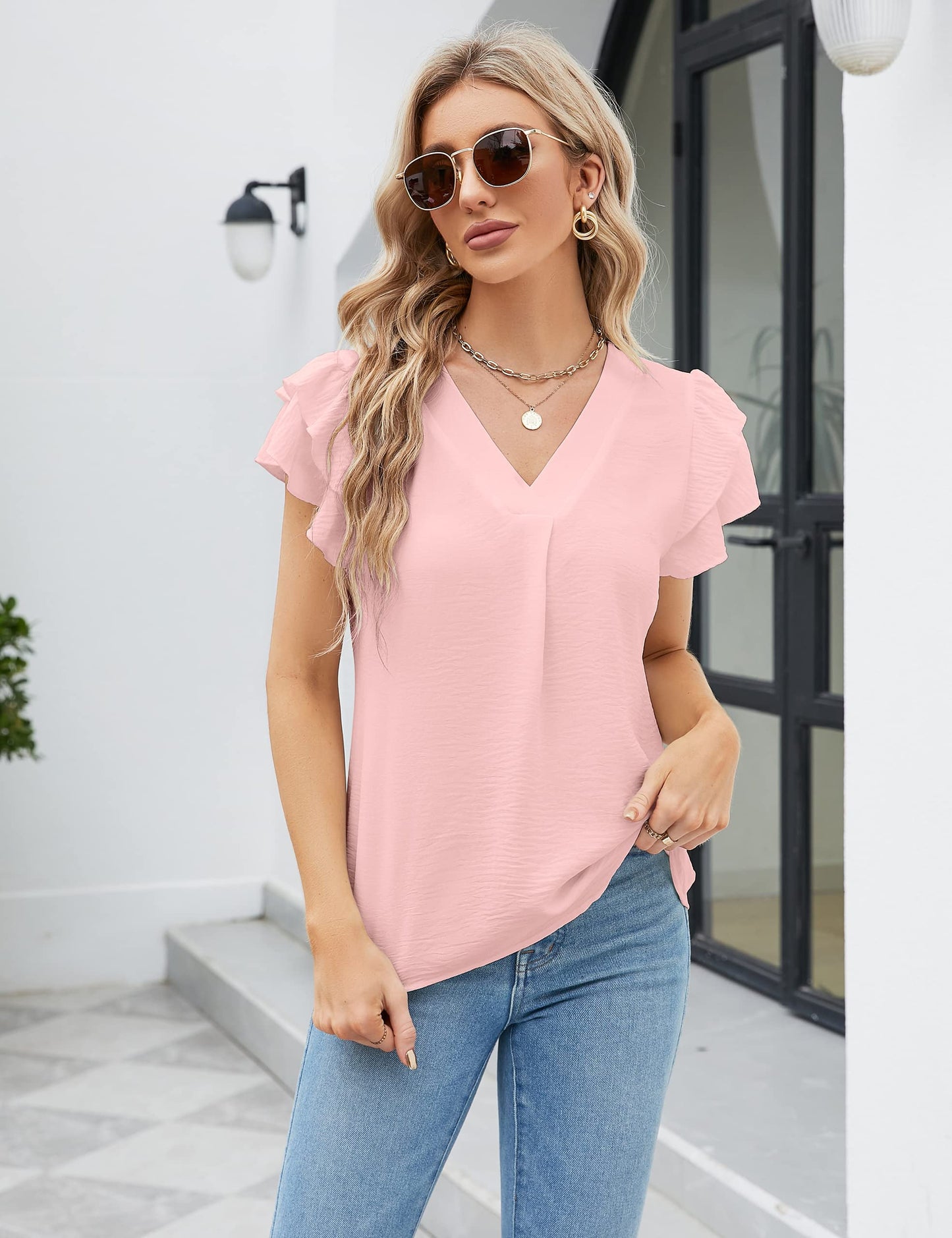 SOMER Womens Dressy Casual Shirts Short Sleeve V Neck Work Blouse Business Casual Summer Tops 2025