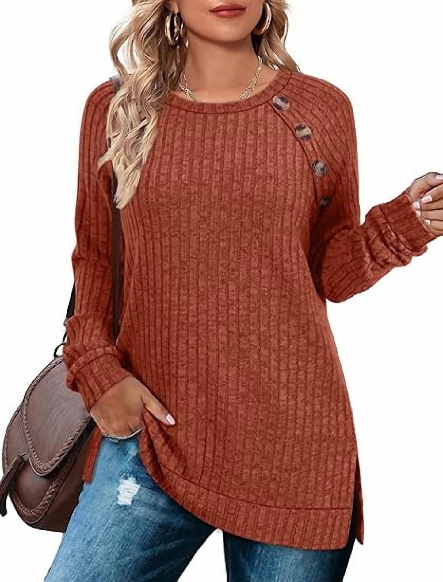 SOMER Long Sleeve Shirts for Women Knit Sweaters Pullover Side Slit Tops for Women Ribbed Knit Fall Shirts