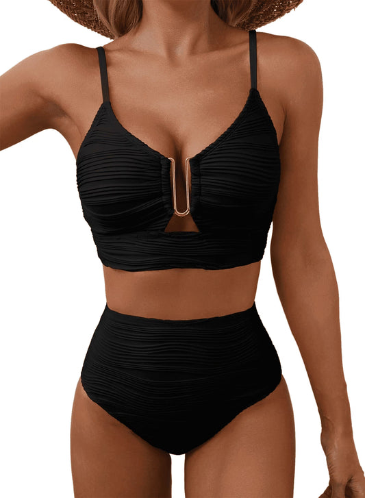 SOMER Bikini Sets for Women U-Wire Cutout High Waisted Two Piece Swimsuit Tummy Control High Cut Bikini Bathing Suits Beach Sets Black