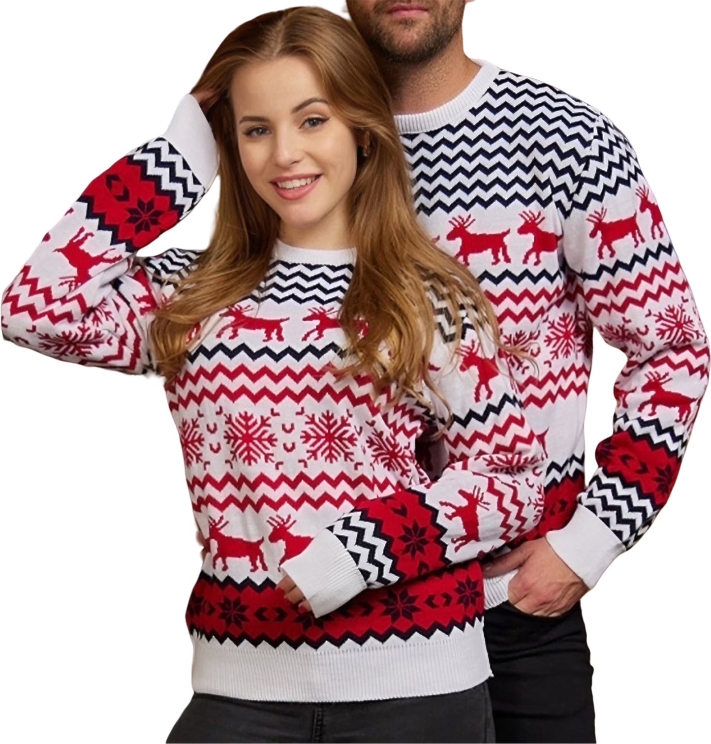 SOMER Ugly Christmas Sweater 2-Piece Set for Women & Men Warm Thick Knit Pullover Reindeer Snowflake Tops for Family Couples Holiday Party New Year Red