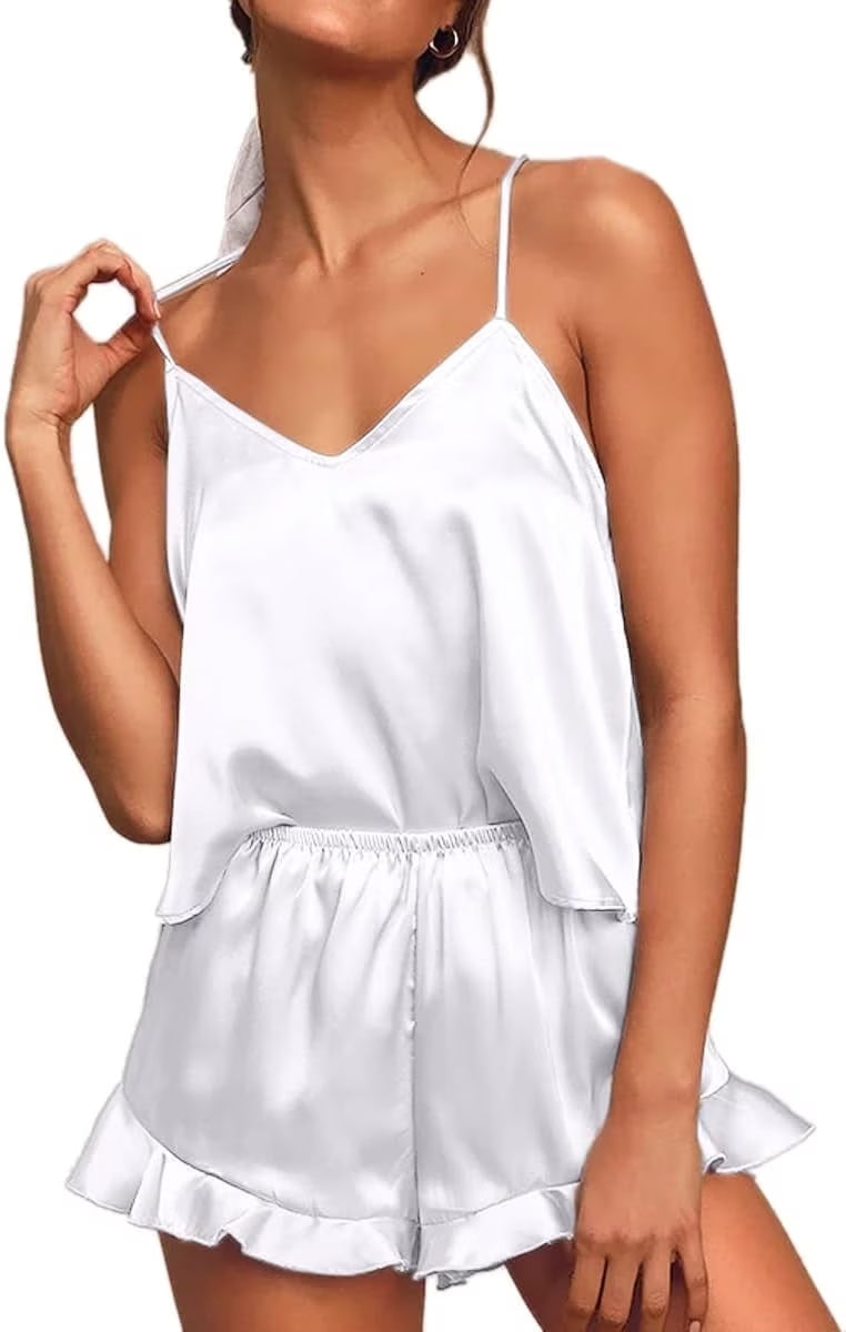 SOMER Sexy Pajamas for Women Set Silk Satin Ruffled Cute Pajama Sets for Women 2 Piece Cami White Shorts Sets Cozy Sleepwear