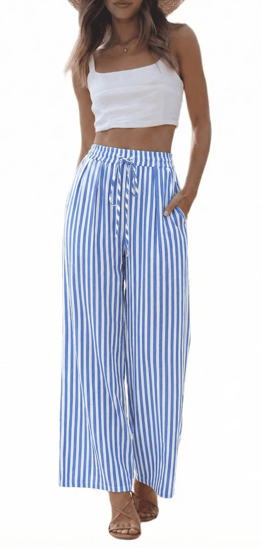 SOMER Women’s Wide Leg Pants Elastic Waist Striped Drawstring Lightweight Palazzo Pants Casual Lounge