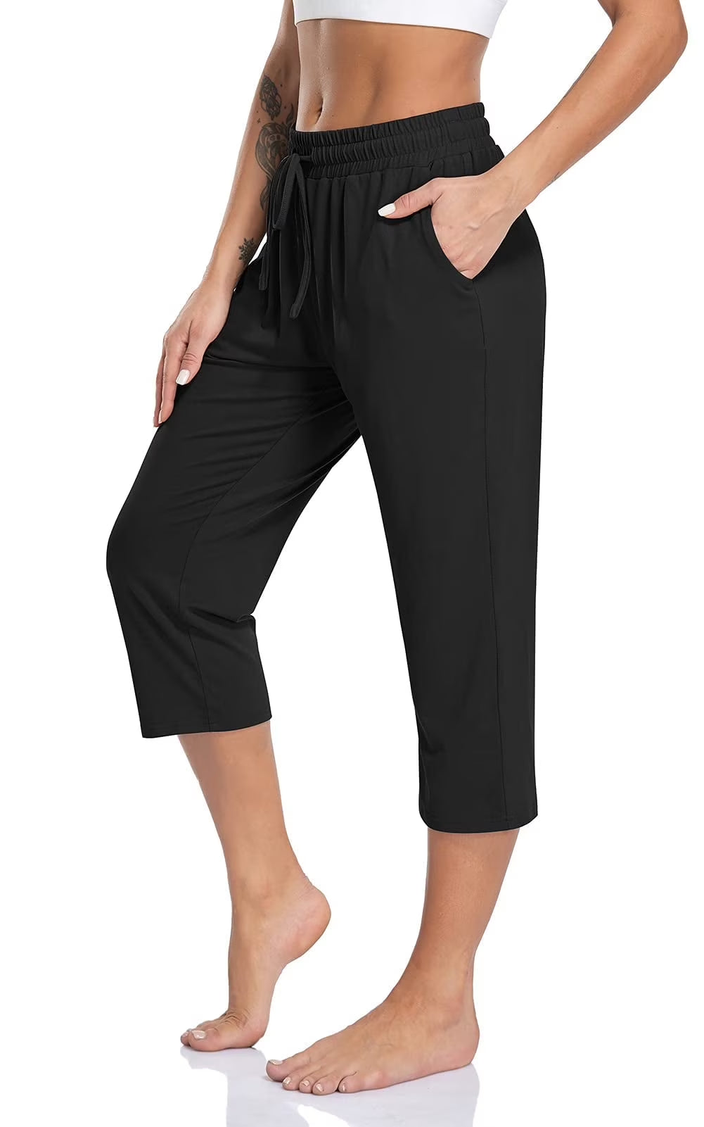 SOMER 2-Pack Yoga Pants with Pockets for Women Capri Flared Pants High Waist Drawstring Workout Pants Casual Work Pants Flare Leggings for Summer