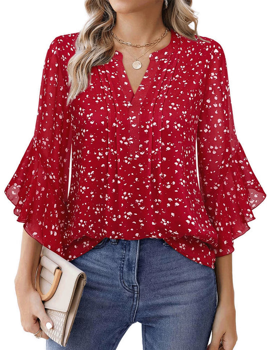 SOMER Women’s Flowy Tops Business Work Top 3/4 Sleeve Blouses V-Neck Summer Dressy Casual Shirts Red