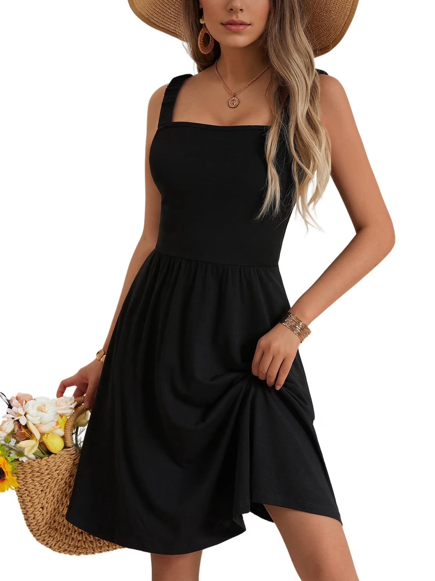 SOMER Women’s Summer Dresses Midi Sundress Square Neck with Pocket Sleeveless Boho High Waist A-Line Flowy Dress Casual Beach Vacation Yellow