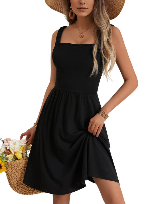 SOMER Women’s Summer Dresses Midi Sundress Square Neck with Pocket Sleeveless Boho High Waist A-Line Flowy Dress Casual Beach Vacation Yellow