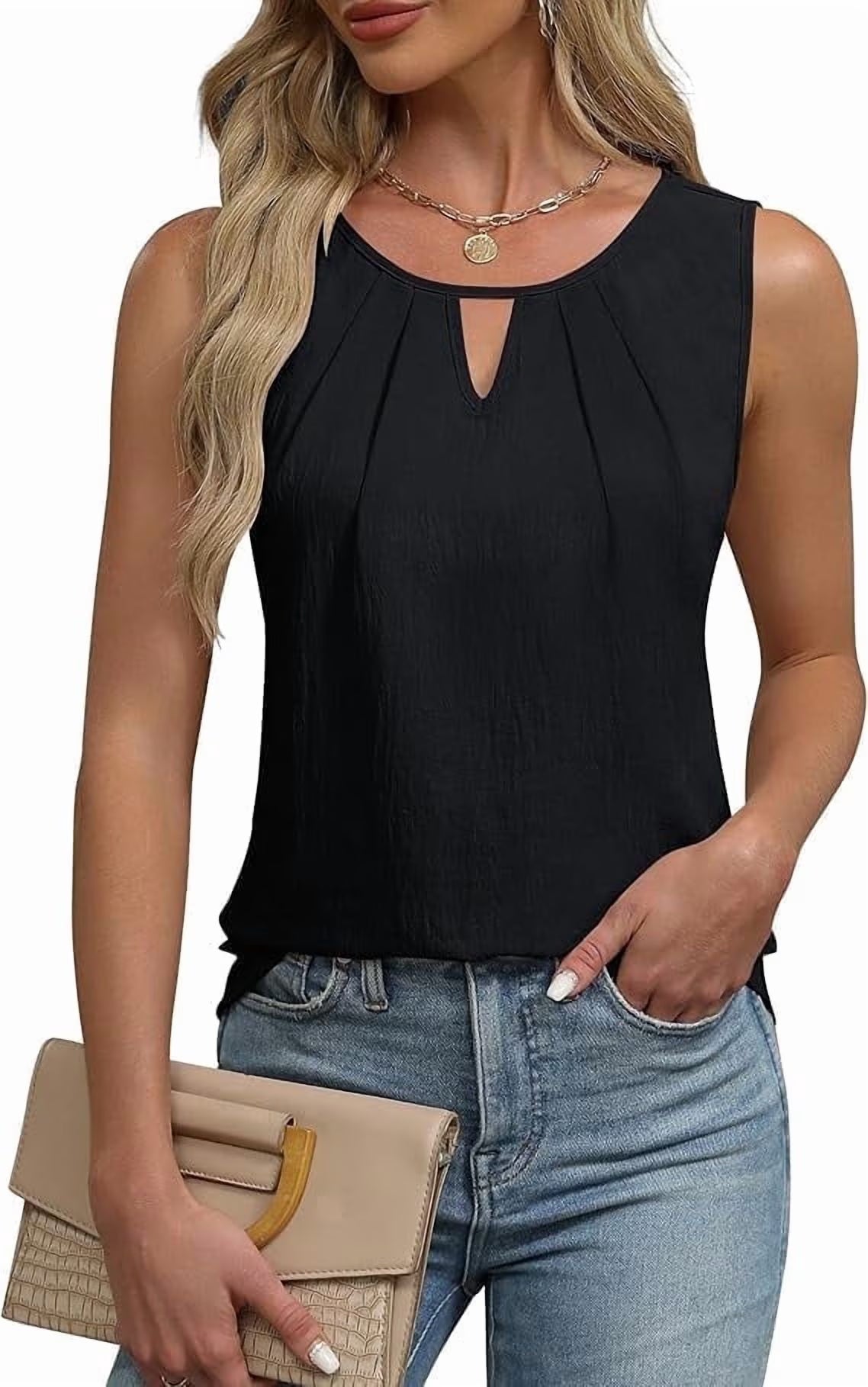 SOMER Dressy Tank Tops for Women Keyhole Neck Pleated Neck Sleeveless Blouse Casual Business Work Shirts Summer Trendy Black