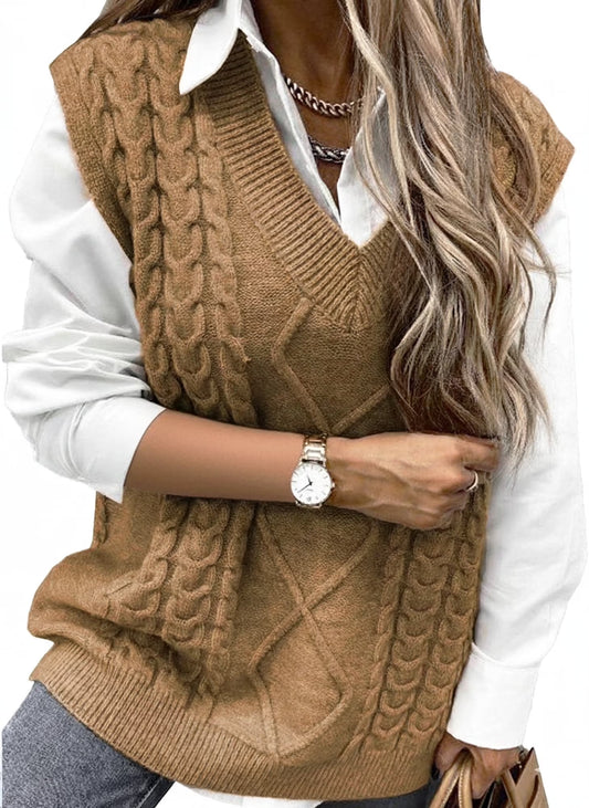 SOMER Women Sweater Vest Sleeveless V Neck Sweater Tops Loose Pullover Sweater Brown