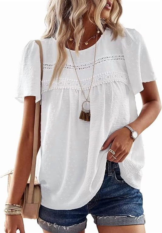 SOMER Boho Tops for Women Crewneck Short Sleeve Shirts Casual Chiffon Blouses Flowy Lace Trim Clothing Trendy 2026