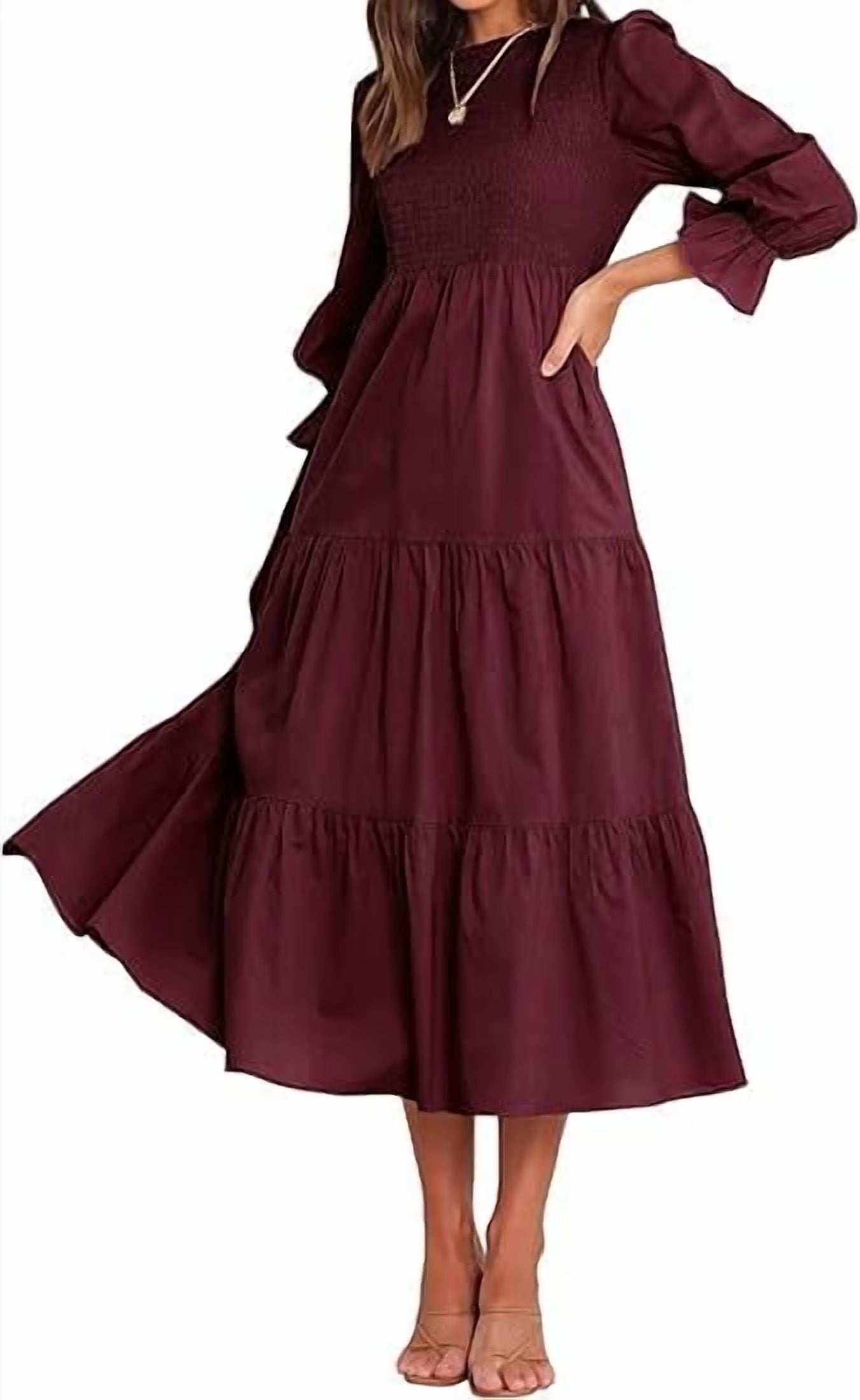 SOMER Womens Dress Long Sleeve Crew Neck High Waist Flowy Tiered Swing Long Dresses 2025 Fall Casual Fashion Wine Red