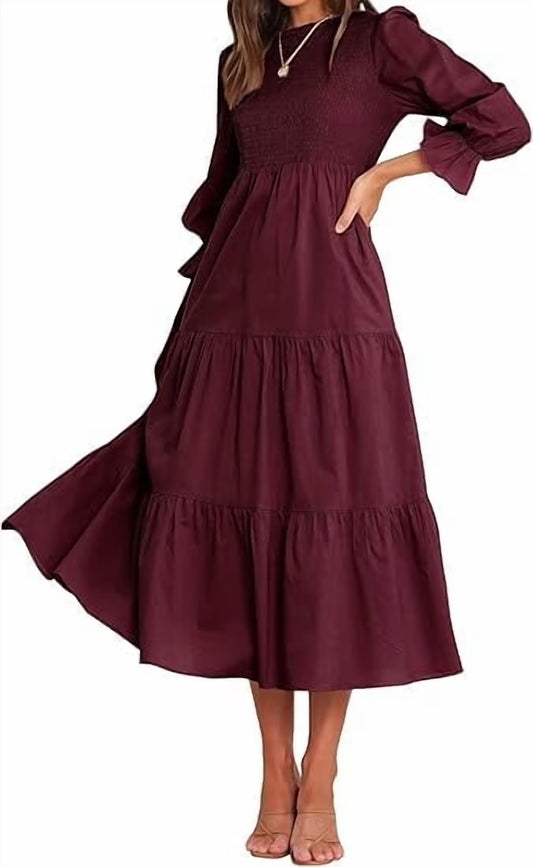 SOMER Womens Dress Long Sleeve Crew Neck High Waist Flowy Tiered Swing Long Dresses 2025 Fall Casual Fashion Wine Red
