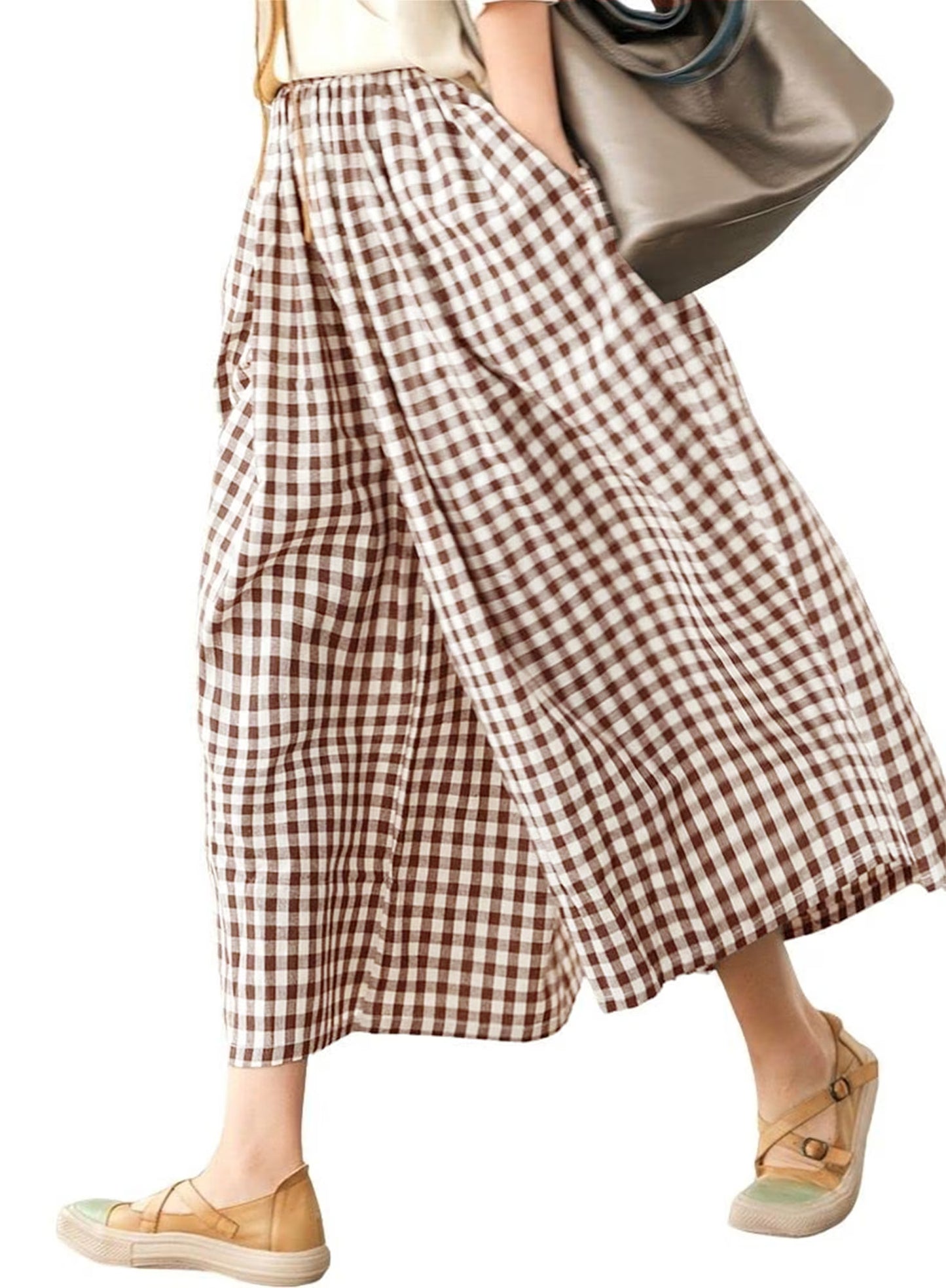 SOMER Women's Capri Plaid Pants Elastic Waist Gingham Wide Leg Palazzo Pants,Coffee