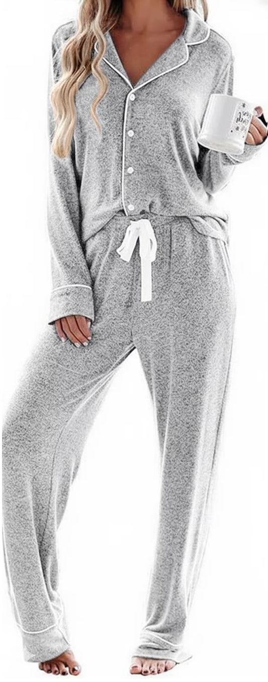 SOMER Pajamas for Women Set Cotton Long Sleeve Button-Down lounge Sets for Women PJ Sets Comfy Casual Pj Sets for Woman Soft Knit Sleepwear with Elastic
