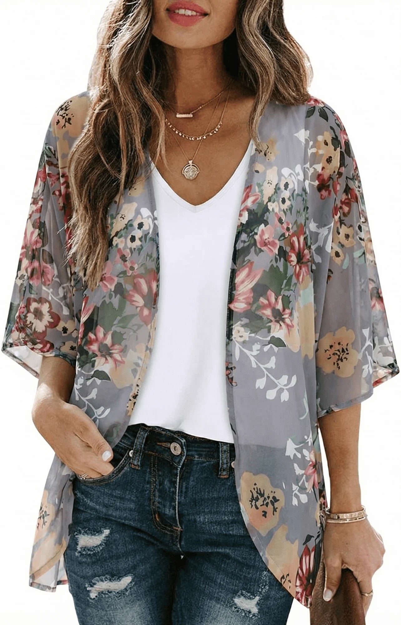 SOMER Women’s Swimsuit Cover Up 3/4 Sleeve Floral Kimono Lightweight Bikini Bathing Suit Cover Up Loose Fit Beachwear for Summer