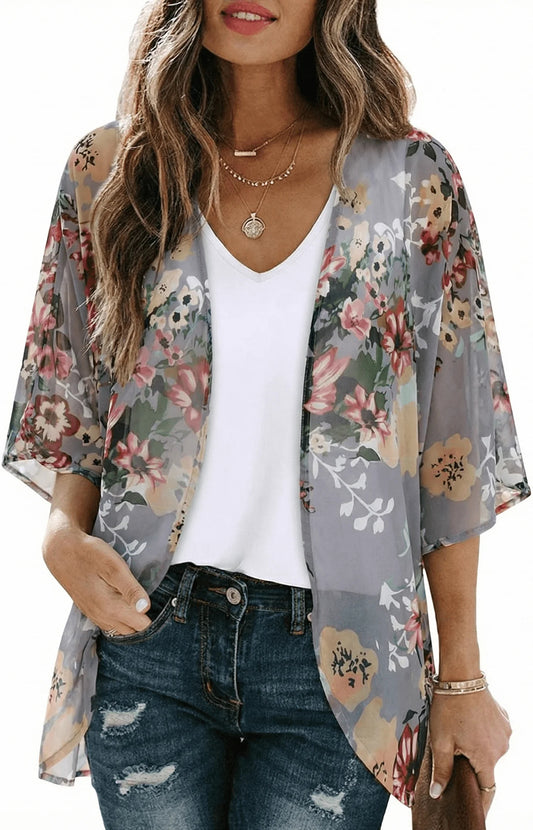 SOMER Women’s Swimsuit Cover Up 3/4 Sleeve Floral Kimono Lightweight Bikini Bathing Suit Cover Up Loose Fit Beachwear for Summer