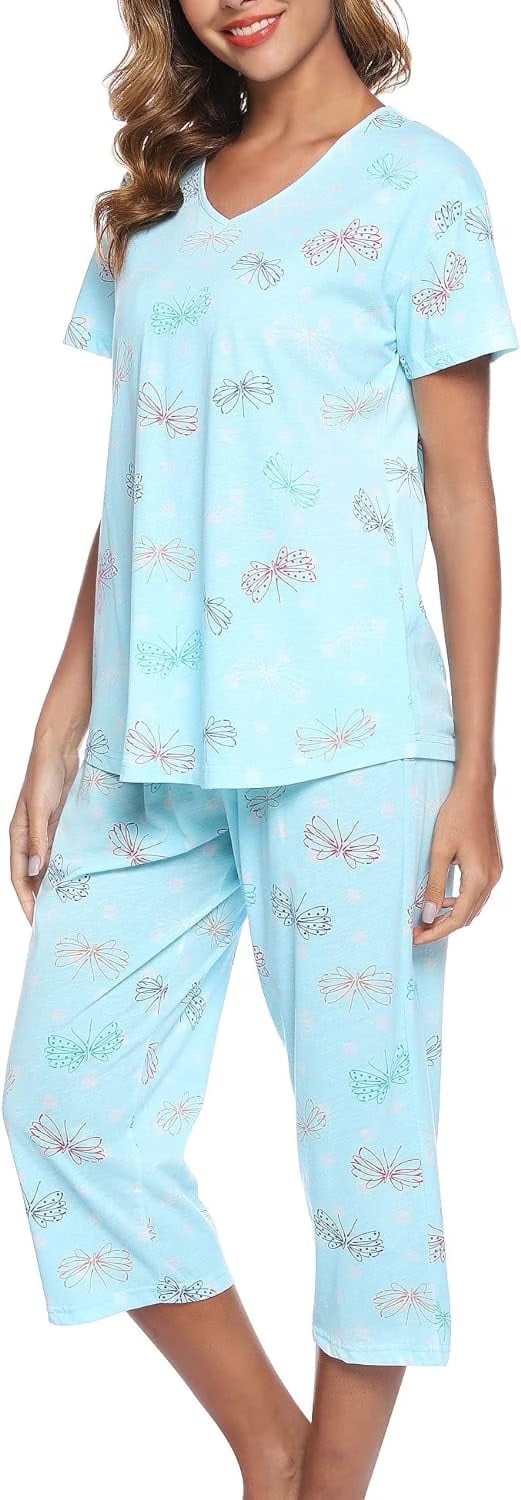 SOMER Womens Pajama Sets Cotton Pj Set Short Sleeve Top With Capri Pants Sleepwear 2 Piece Lounge Set