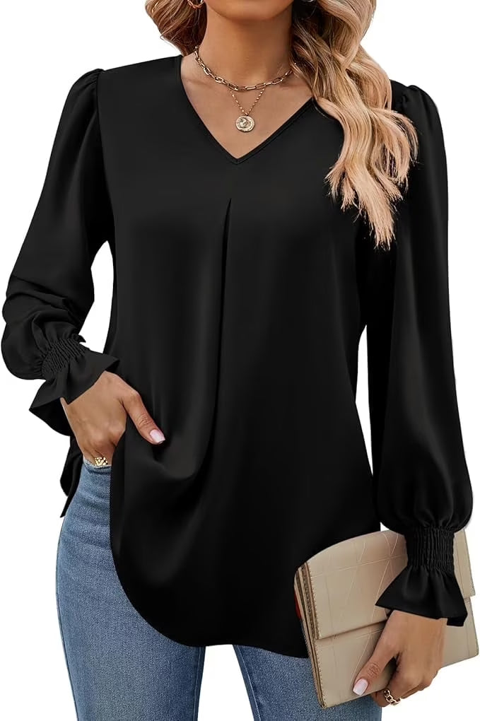SOMER Blouses for Women Dressy Casual Ruffle Chiffon Long Sleeve Tops V Neck Loose Chiffon Work Blouse with Smocked Cuffs 2025