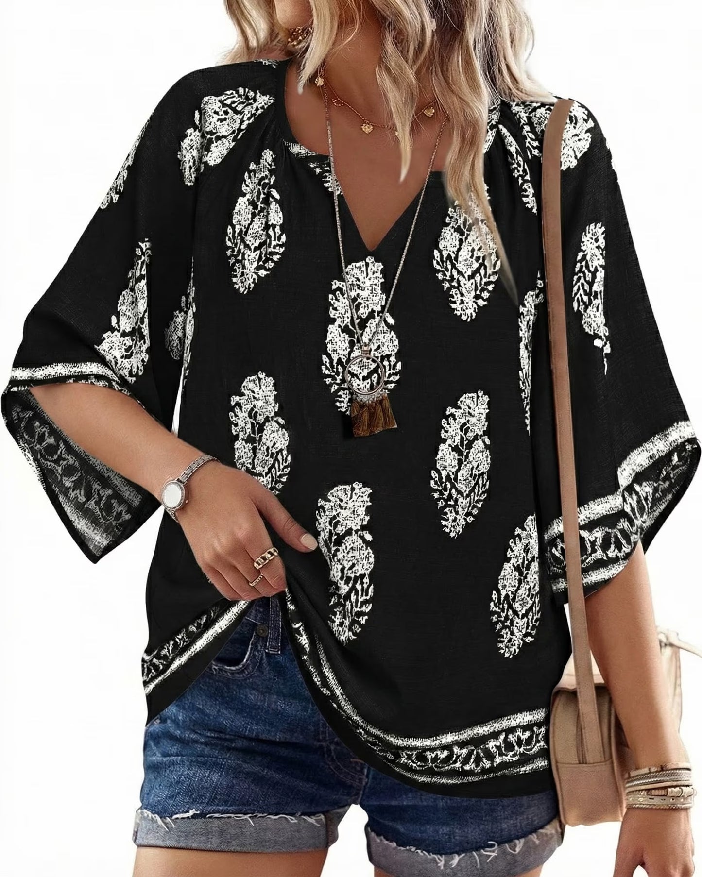 SOMER Boho Tops for Women 3/4 Sleeve V Neck Bohemian Blouses Casual Loose Fit Tunic Tops 2026