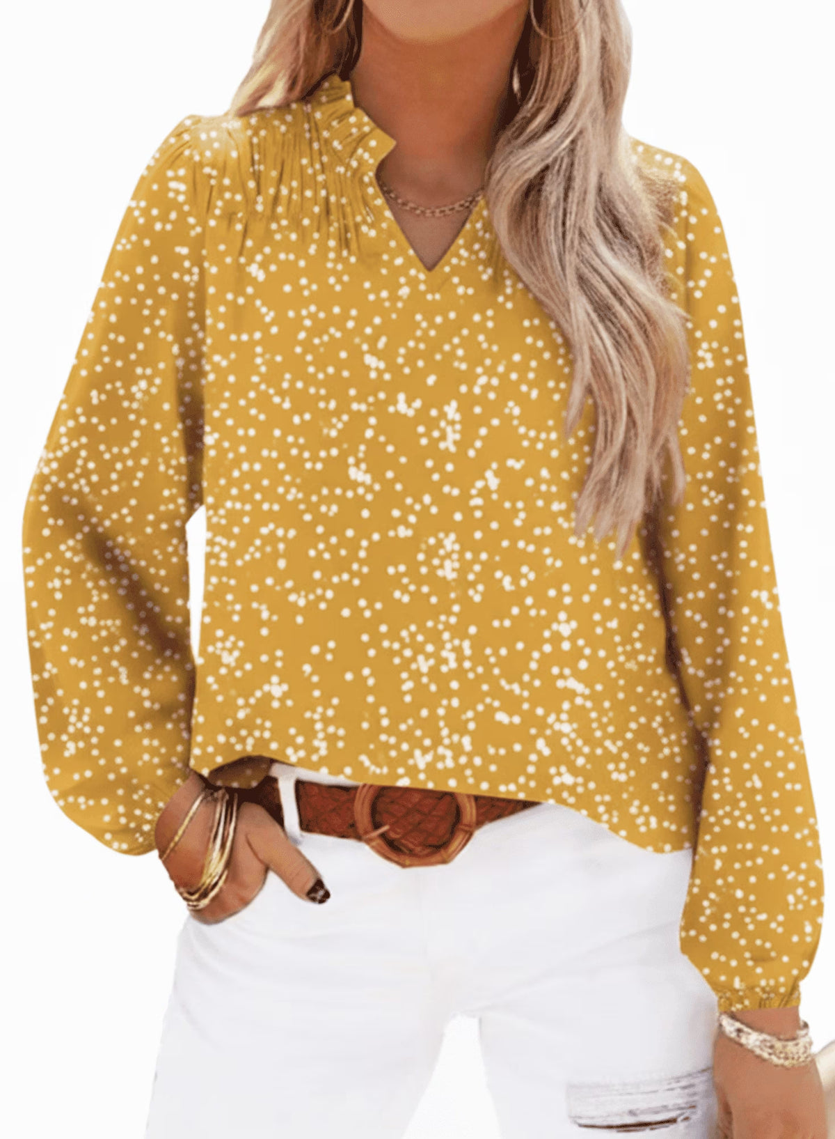 SOMER Boho Tops for Women Blouses for Women Dressy Casual V Neck Floral Printed Puff Yellow Tops Loose Trendy Fall