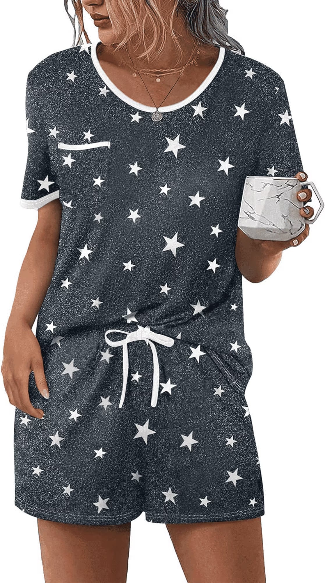 SOMER 2 Piece Lounge Set for Women Pajama Set Short Sleeve Tops and Shorts Soft Sleepwear, Chest Pocket
