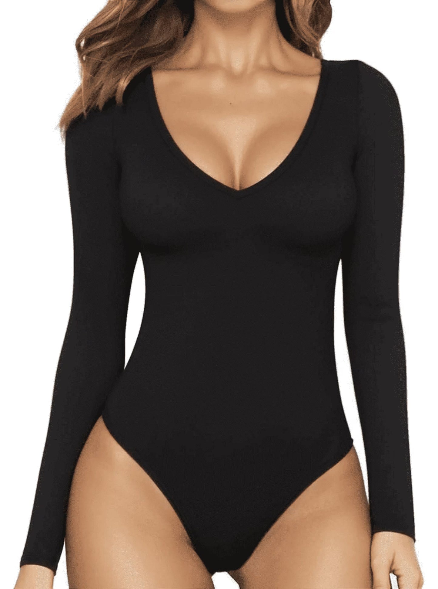 SOMER Body Suit Tummy Control Deep V Neck Long Sleeve Tops Black Bodysuit for Women Clothing