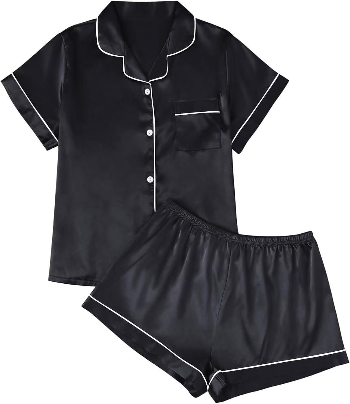 SOMER 2 Piece Pajama Set For Women Silk Satin Lounge Pjs Shorts Matching Summer Sleepwear Button Down Shirt Shorts Black.