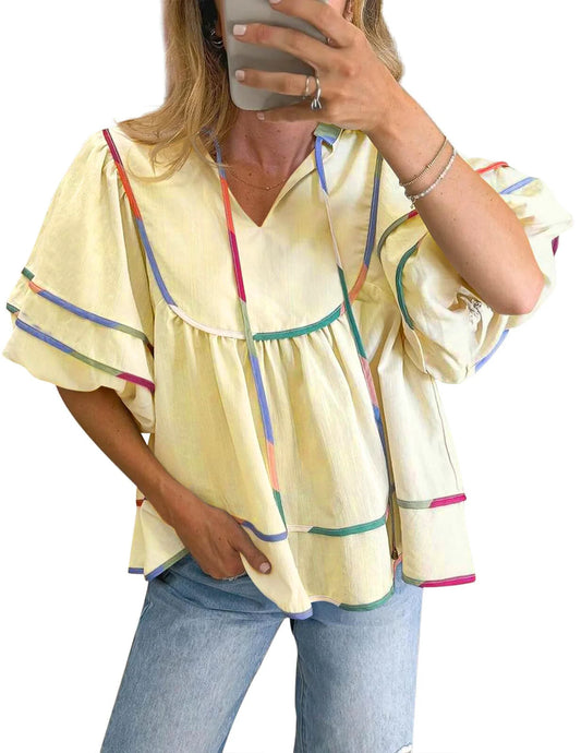 SOMER Womens Peplum Tops Going Out Top Casual Short Sleeve V-Neck Blouse Flowy Shirt with Color Trim for Work,2026 Spring Summer Trend
