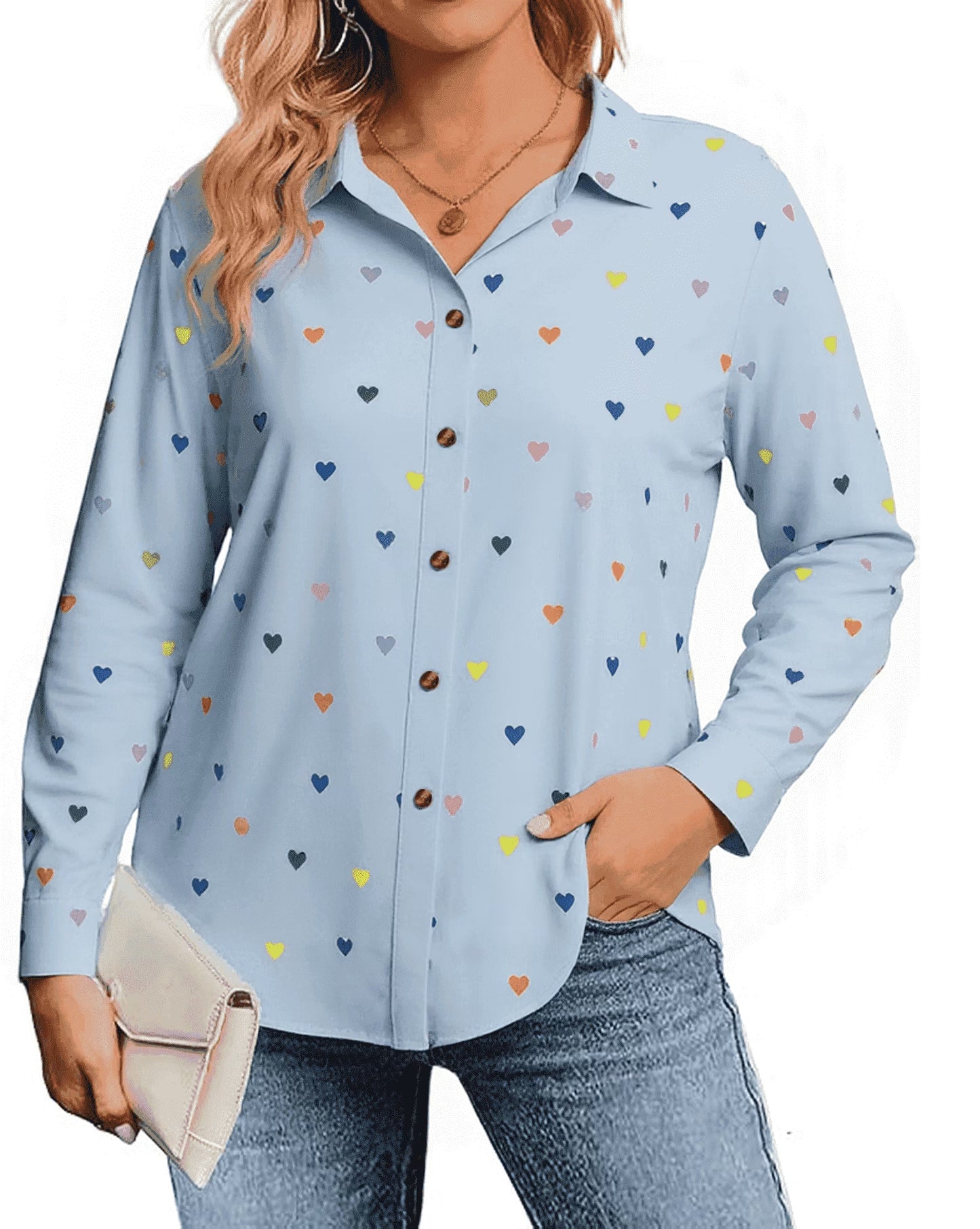 SOMER Womens Plus Size Button Down Blouses Long Sleeve V Neck Heart Print Collared Shirt Loose Fit Casual Fall Vacation Tops