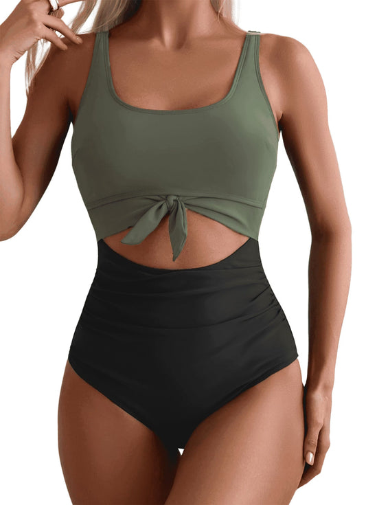 SOMER Women’s One Piece Swimsuit Tummy Control Cutout Tie Knot Swimwear High Waisted Bathing Suit