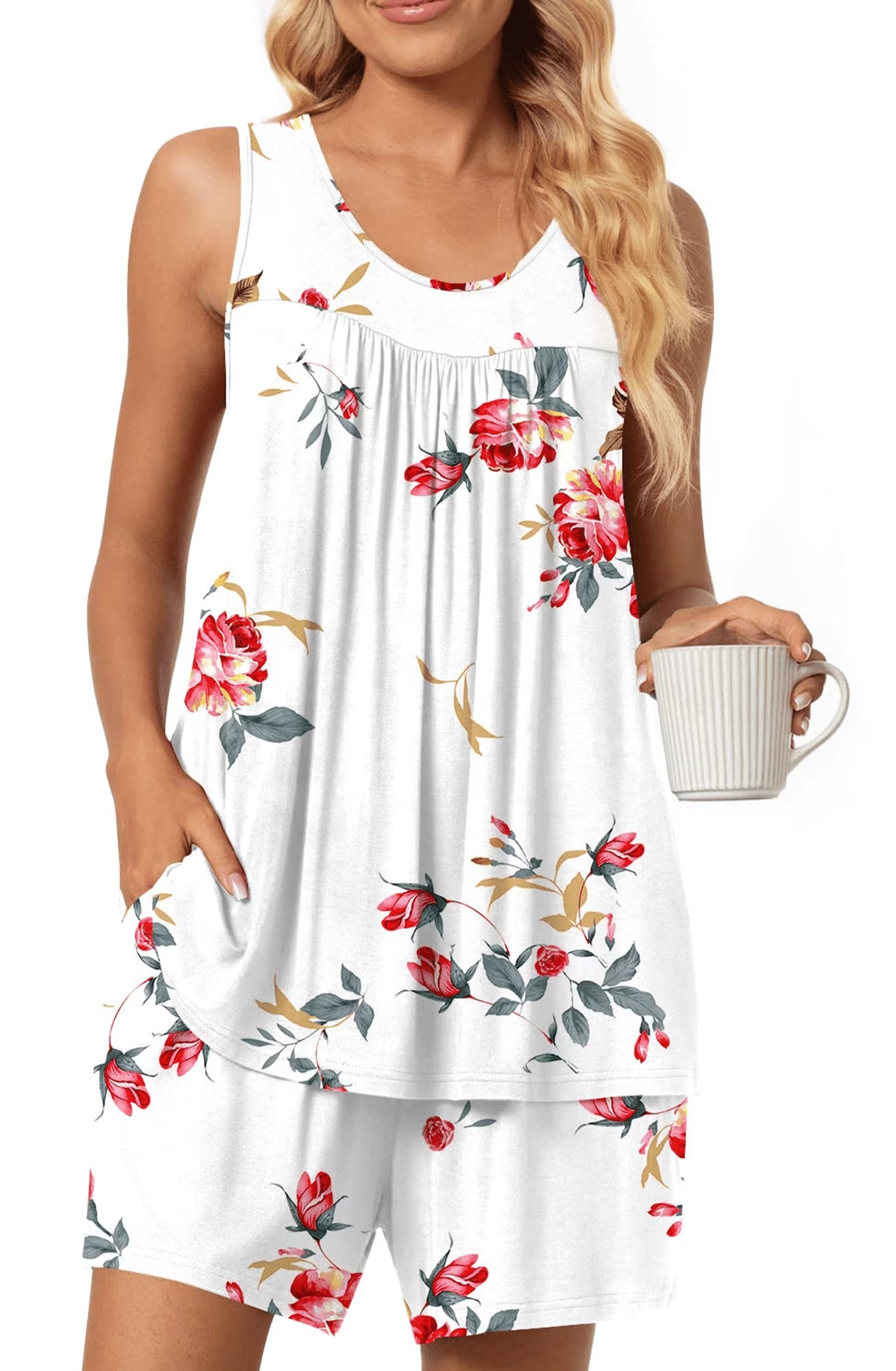 SOMER 2 Piece Pajamas for Women Sleeveless Cotton Soft Lounge Set Lightweight Pj Set Cute Ladies Sleepwear Summer Set with Pockets