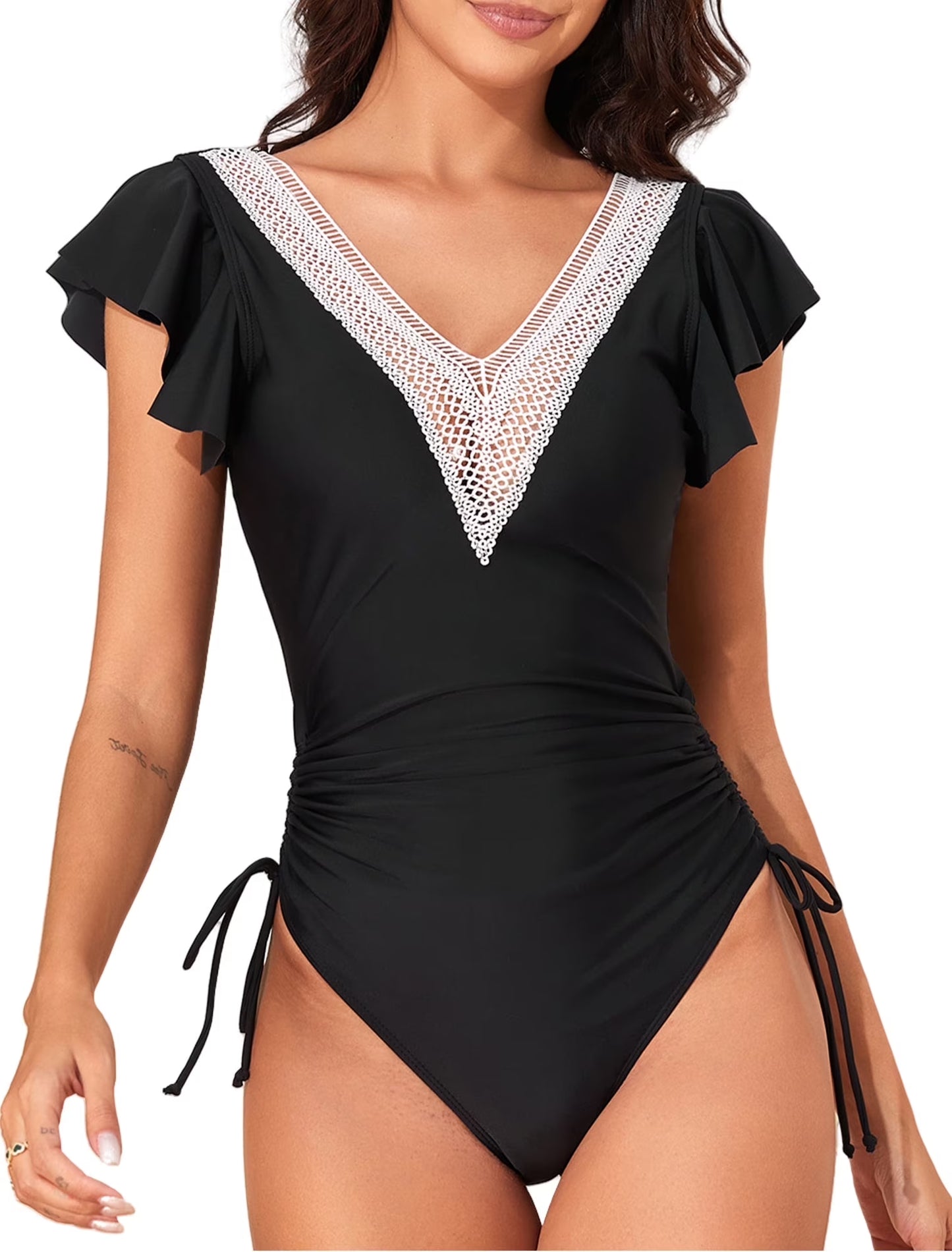 SOMER Women's One Piece Swimsuit Tummy Control Bathing Suits Ruffle Sleeves Slimming Swimwear