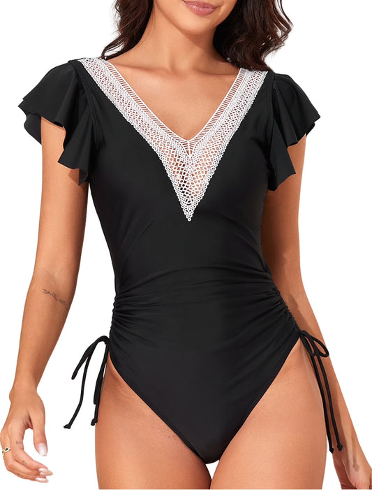SOMER Women's One Piece Swimsuit Tummy Control Bathing Suits Ruffle Sleeves Slimming Swimwear