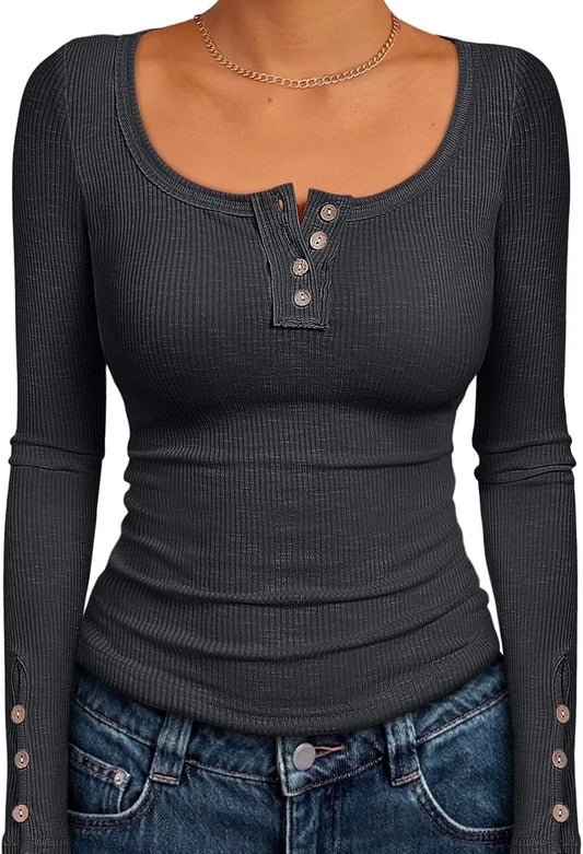 SOEMR Womens Tops Long Sleeve Shirts for Women Ribbed Henley Tops Fall Outfits for Women 2025 Grey
