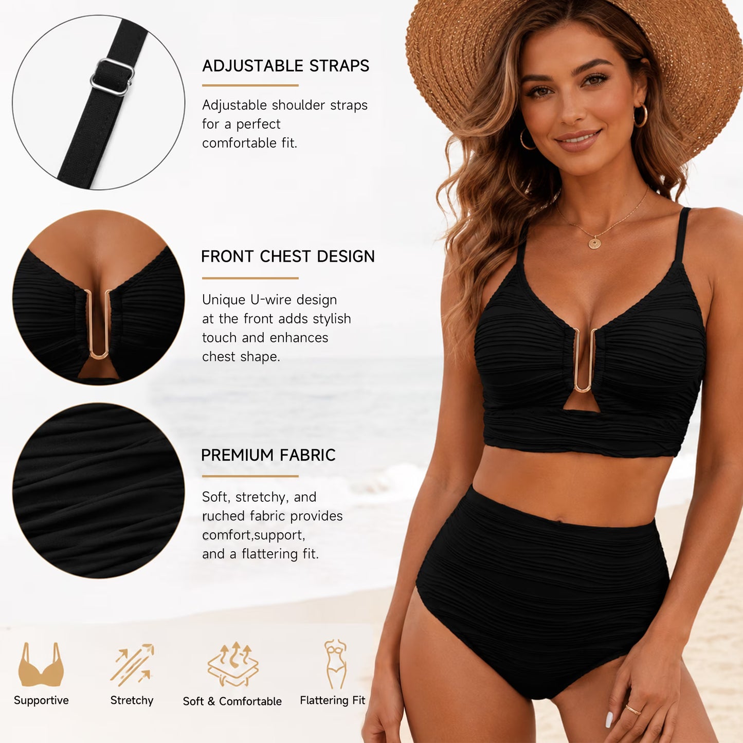 SOMER Bikini Sets for Women U-Wire Cutout High Waisted Two Piece Swimsuit Tummy Control High Cut Bikini Bathing Suits Beach Sets Black