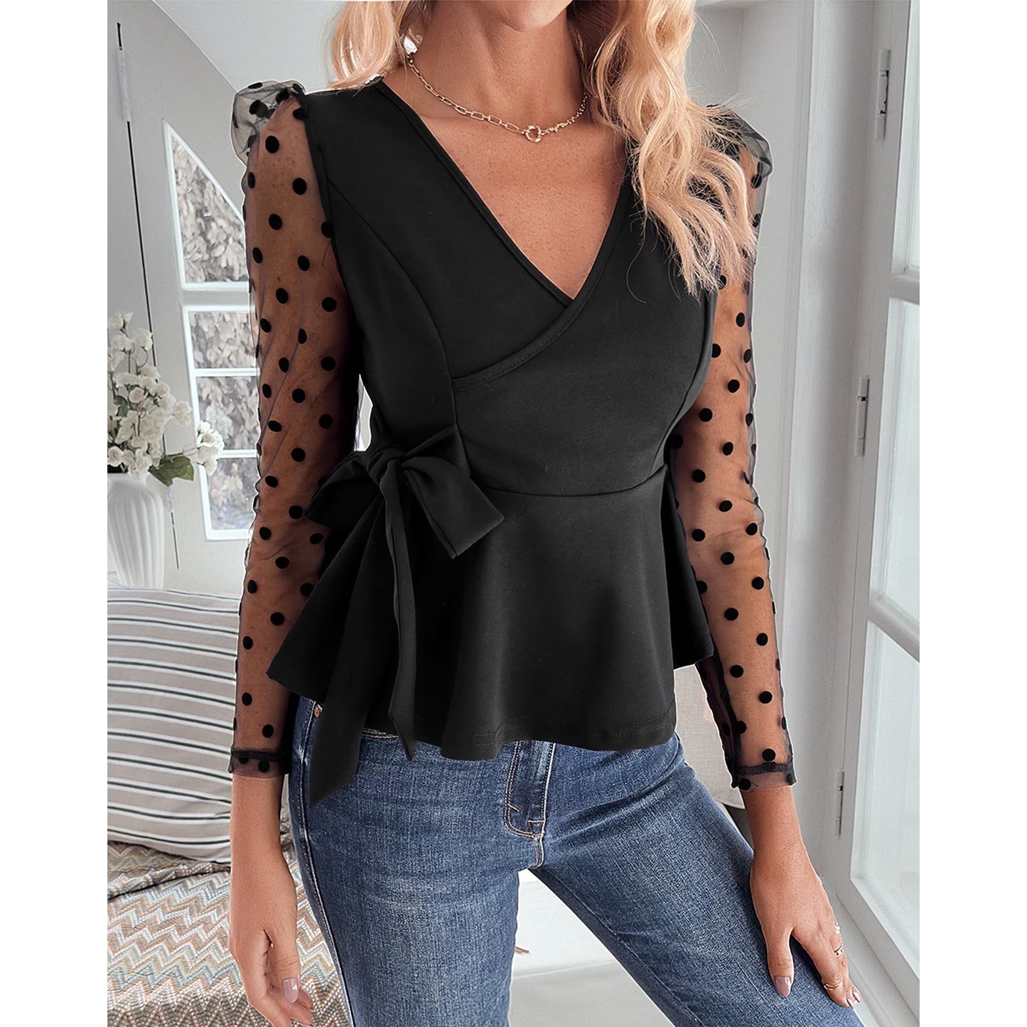 SOMER Womens V Neck Tops Black Going Out Tops for Women Dressy Casual Long Sleeve Lace Sexy Tops Trendy 2025