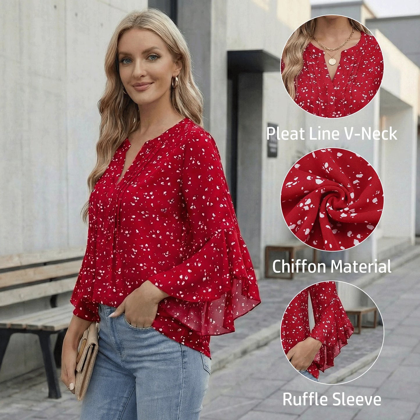 SOMER Women’s Flowy Tops Business Work Top 3/4 Sleeve Blouses V-Neck Summer Dressy Casual Shirts Red