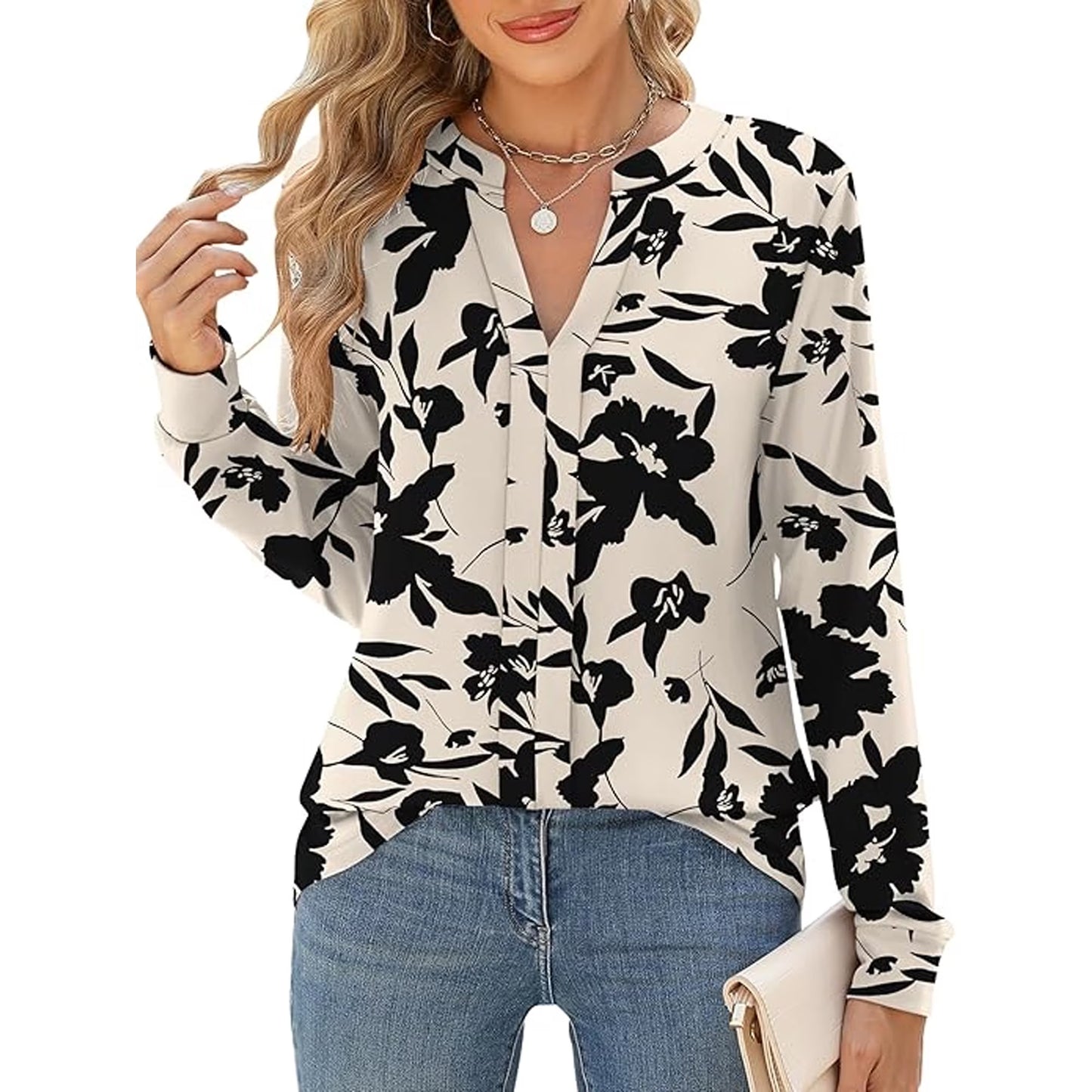 SOMER Blouses for Women Dressy Casual Long Sleeve V Neck Silky Business Casual Outfits Tops