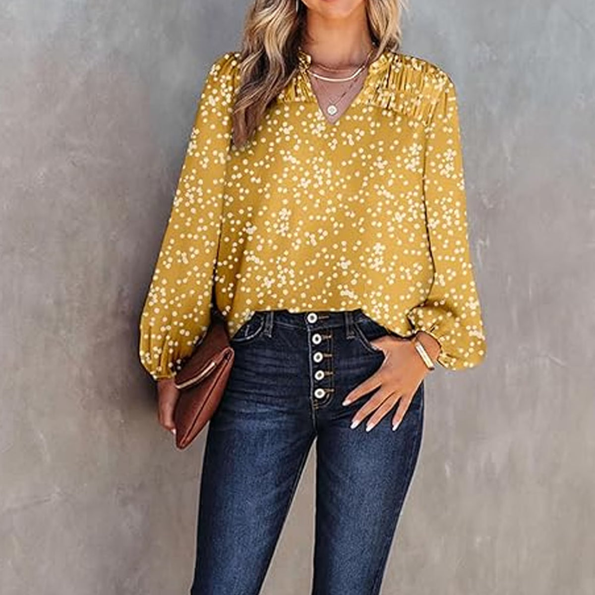 SOMER Boho Tops for Women Blouses for Women Dressy Casual V Neck Floral Printed Puff Yellow Tops Loose Trendy Fall