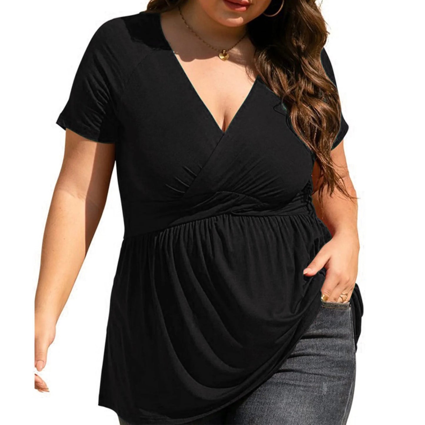 SOMER Women's Tops Plus Size T Shirt Short Sleeve V Neck Dressy Wrap Flowy 2025 Summer Black