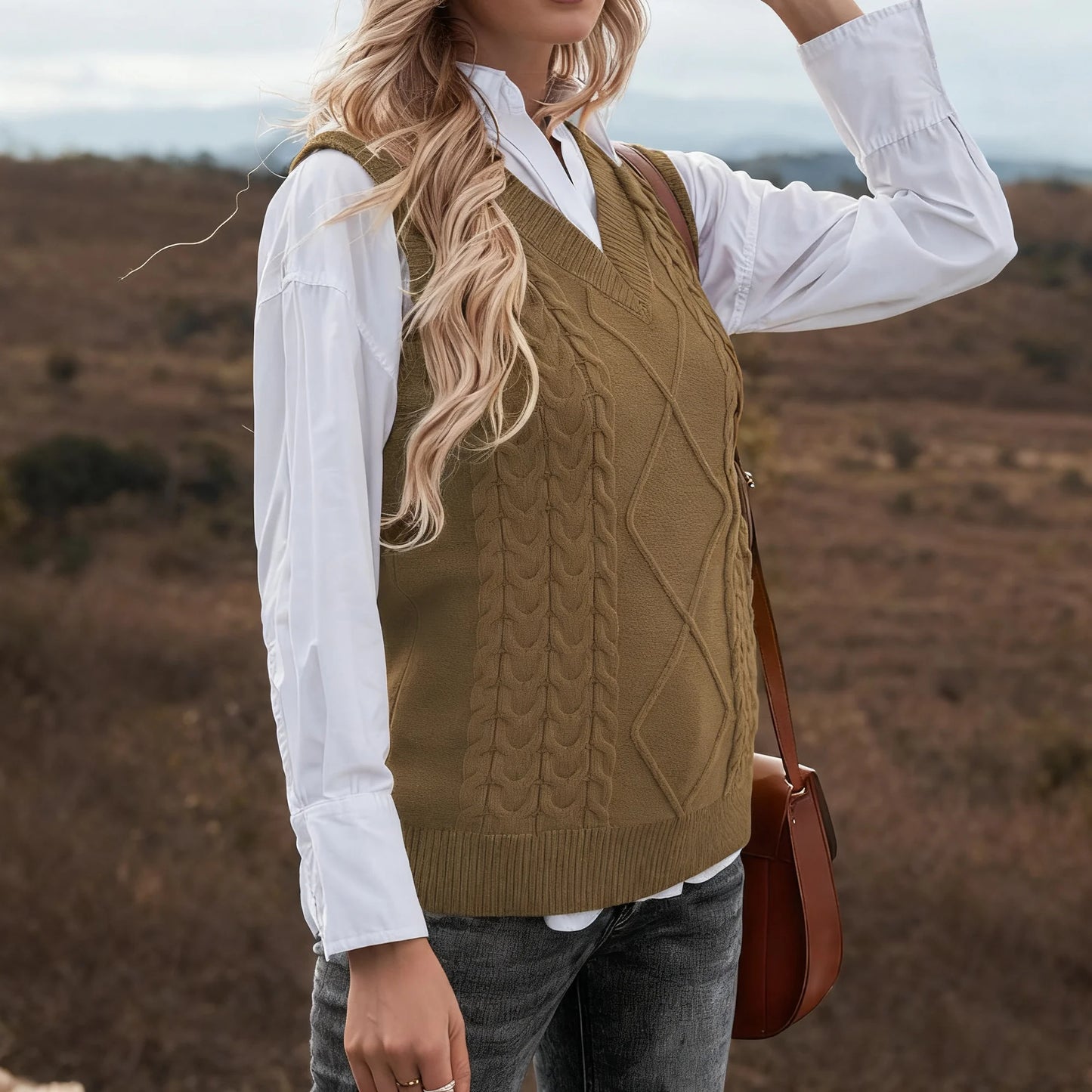 SOMER Women Sweater Vest Sleeveless V Neck Sweater Tops Loose Pullover Sweater Brown