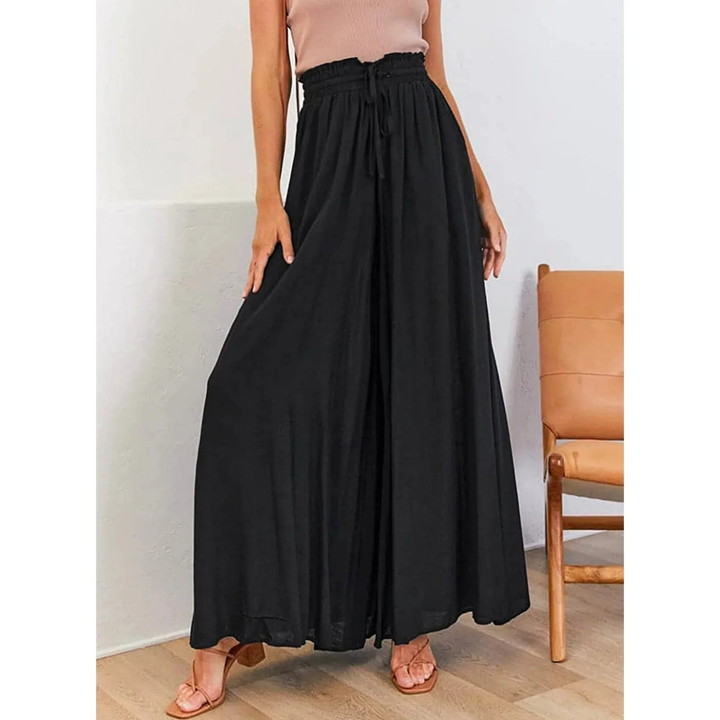 SOMER Women's Wide Leg Palazzo Pants Elastic High Waist Drawstring Trousers with Pockets Dressy Casual Flowy Lightweight Comfortable Lounge Pants
