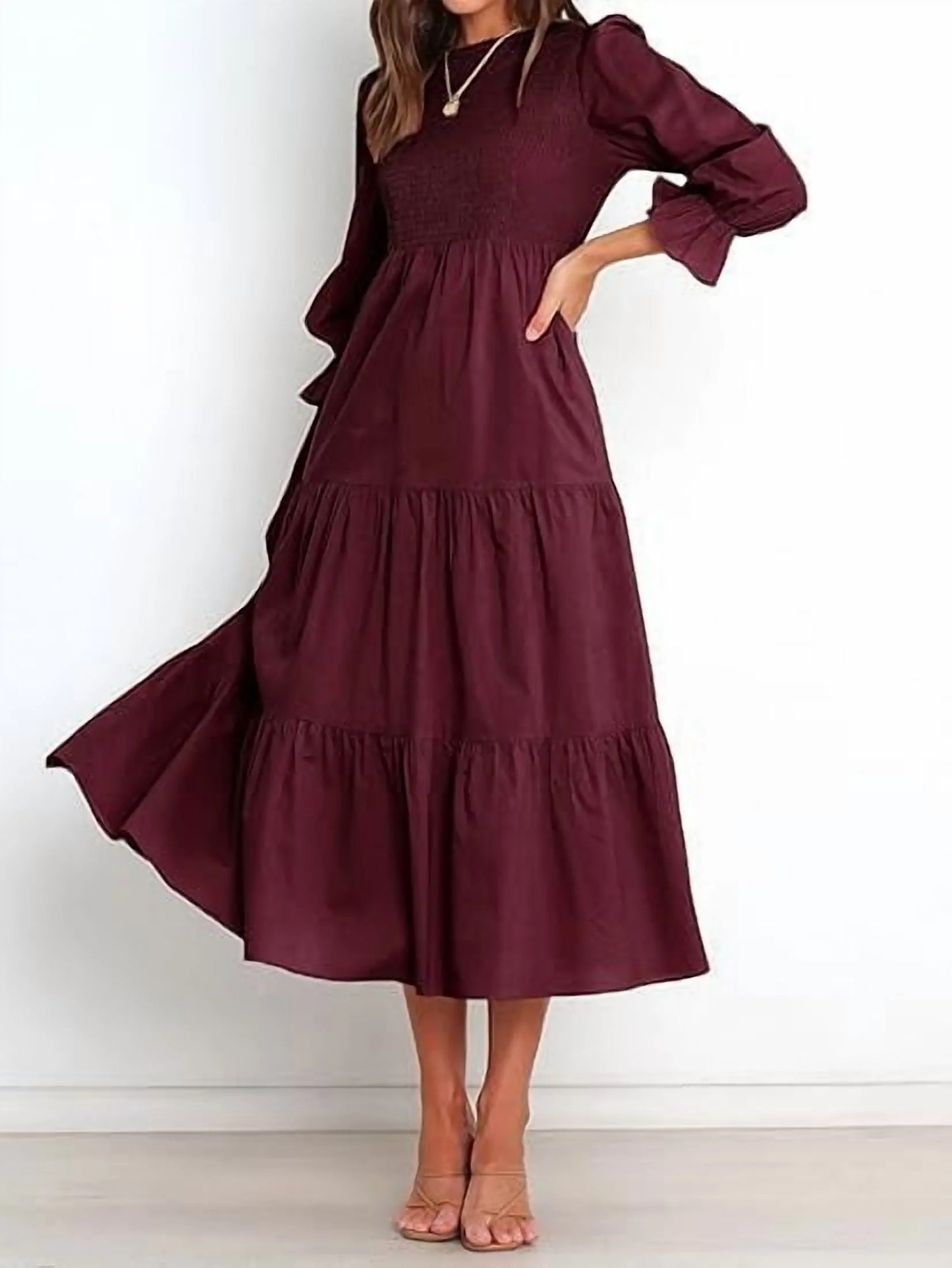 SOMER Womens Dress Long Sleeve Crew Neck High Waist Flowy Tiered Swing Long Dresses 2025 Fall Casual Fashion Wine Red