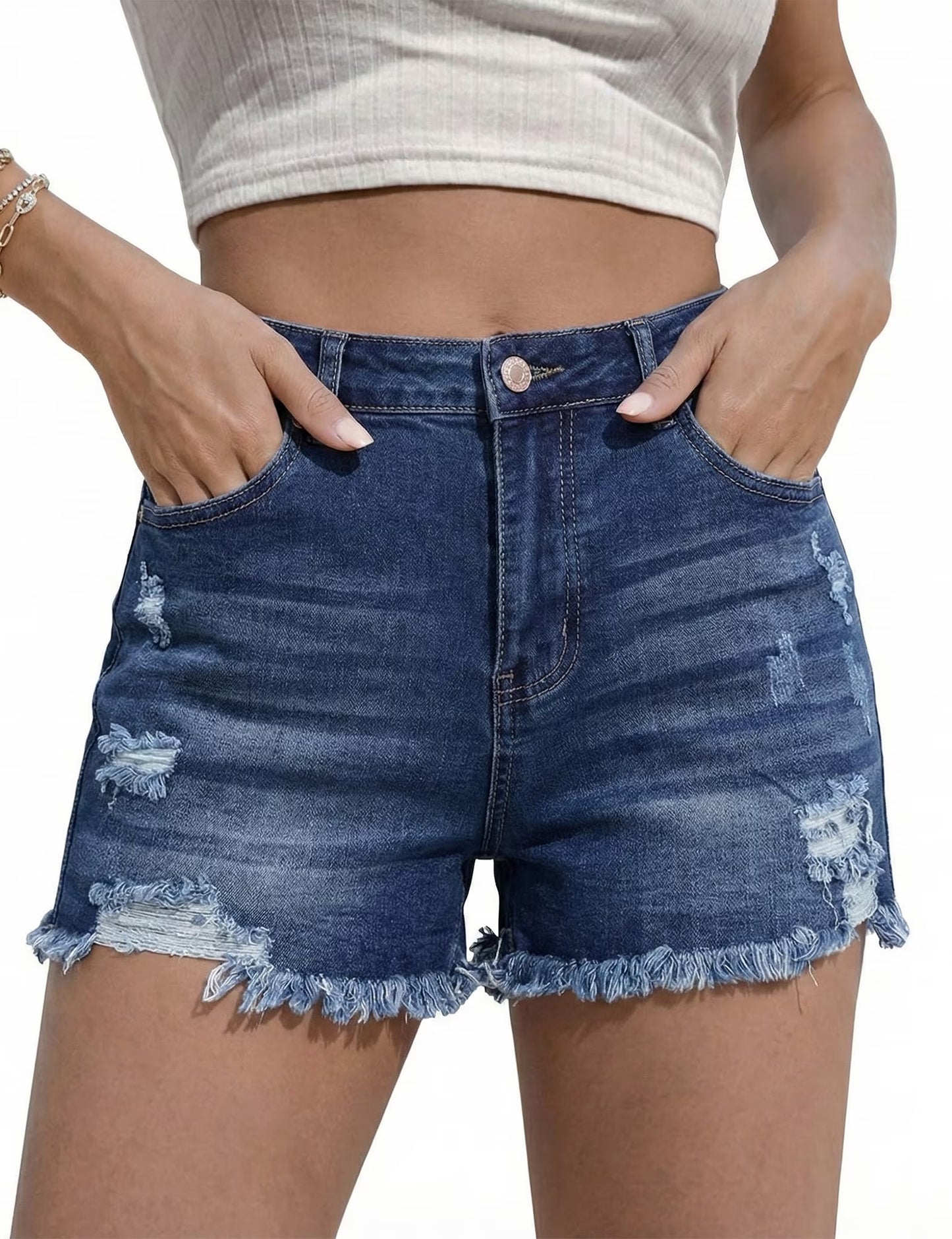 SOMER Womens Jean Shorts Denim Shorts with Pockets Mid Rise Ripped Frayed Hem Casual Trendy Blue Summer