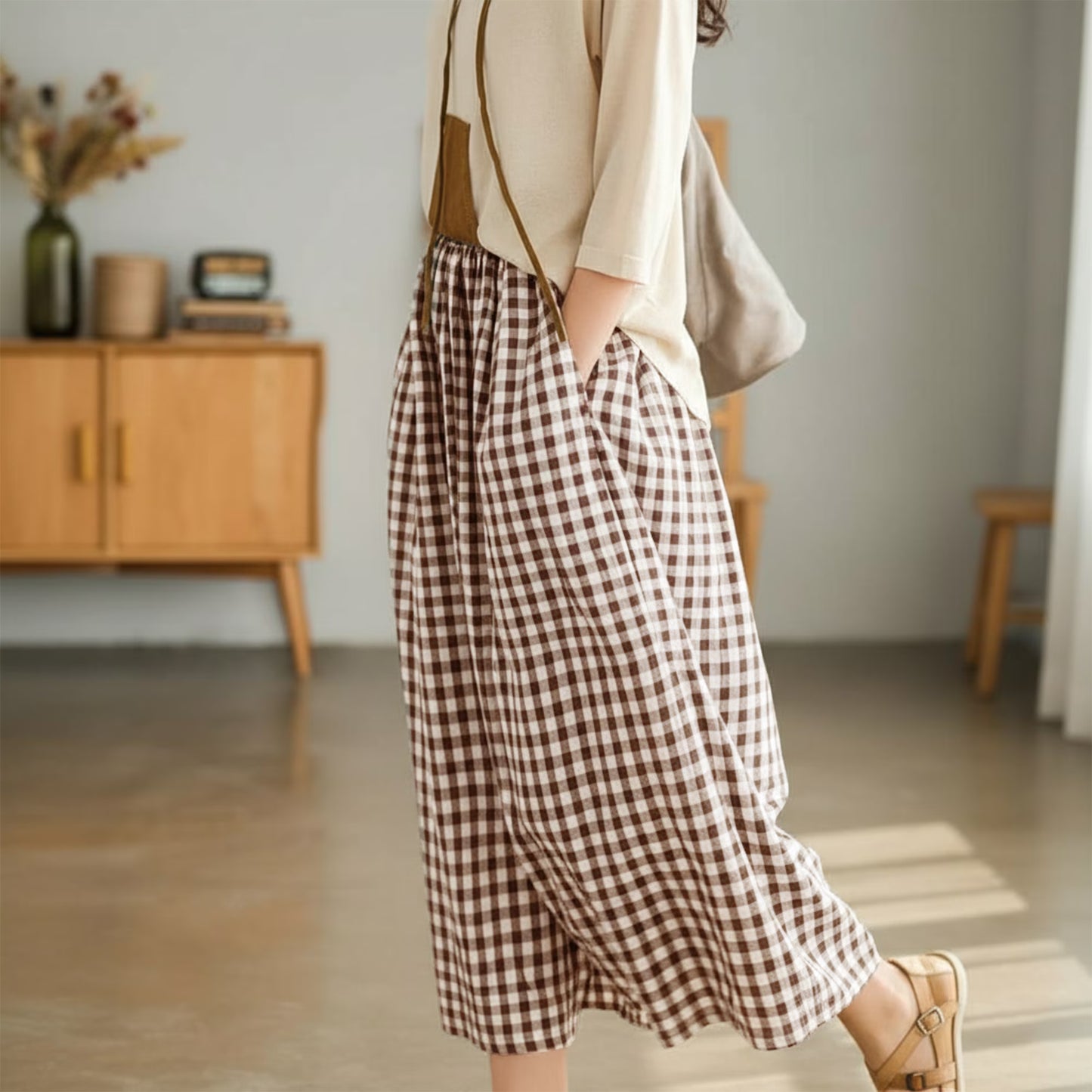 SOMER Women's Capri Plaid Pants Elastic Waist Gingham Wide Leg Palazzo Pants,Coffee