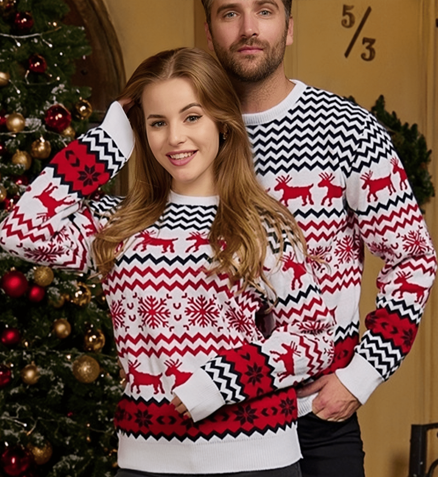 SOMER Ugly Christmas Sweater 2-Piece Set for Women & Men Warm Thick Knit Pullover Reindeer Snowflake Tops for Family Couples Holiday Party New Year Red