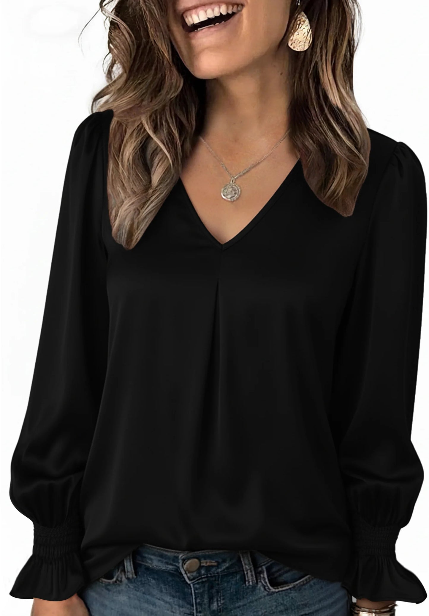 SOMER Blouses for Women Dressy Casual Ruffle Chiffon Long Sleeve Tops V Neck Loose Chiffon Work Blouse with Smocked Cuffs 2025